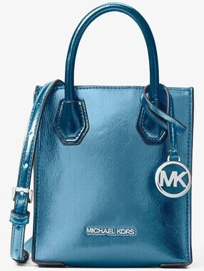 NWT Michael Kors Mercer XS Metallic Crossbody Bag Blue